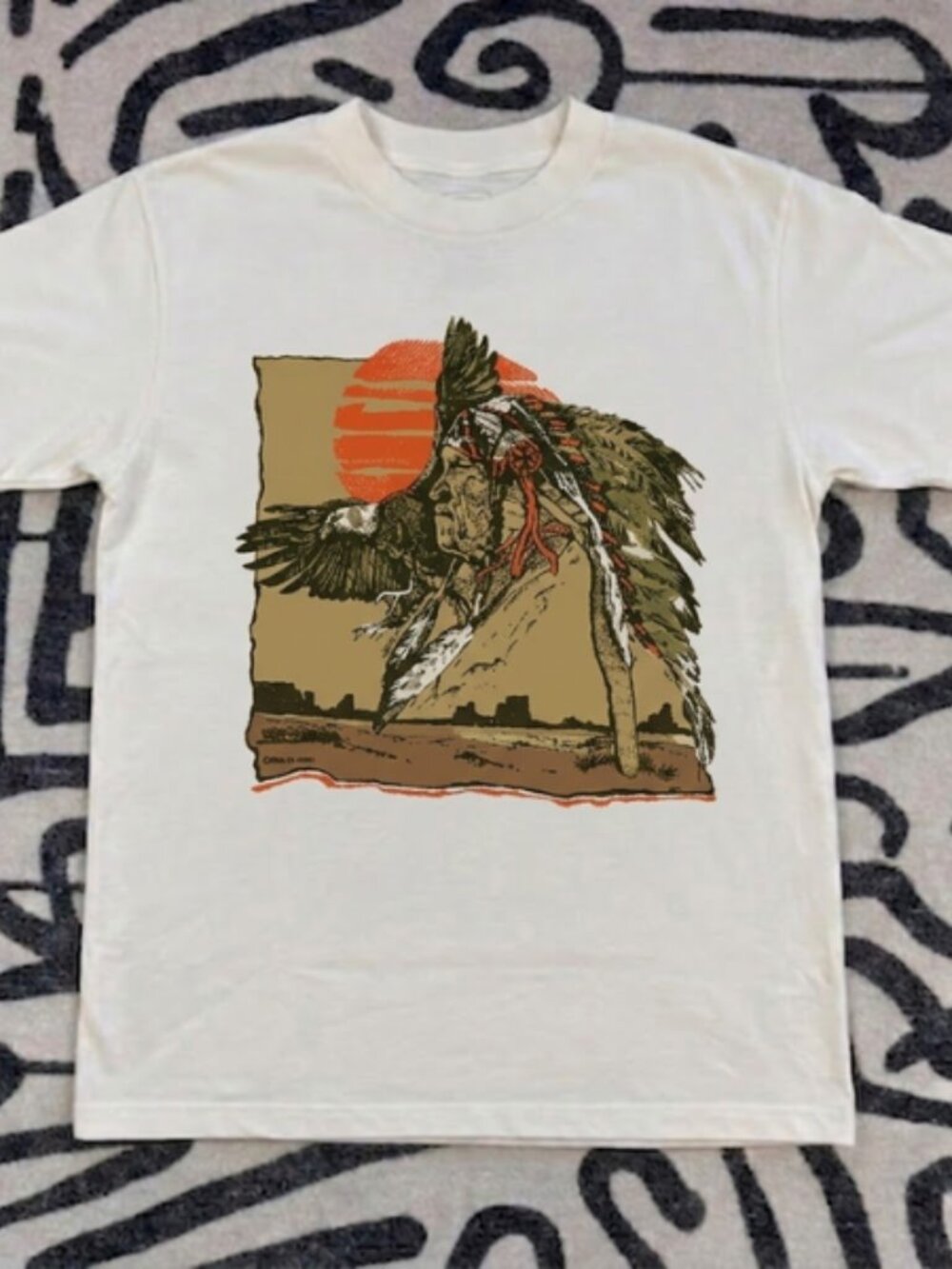 Retro Western Style Graphic Tee - Chief and Eagle Print Vintage T-Shirt